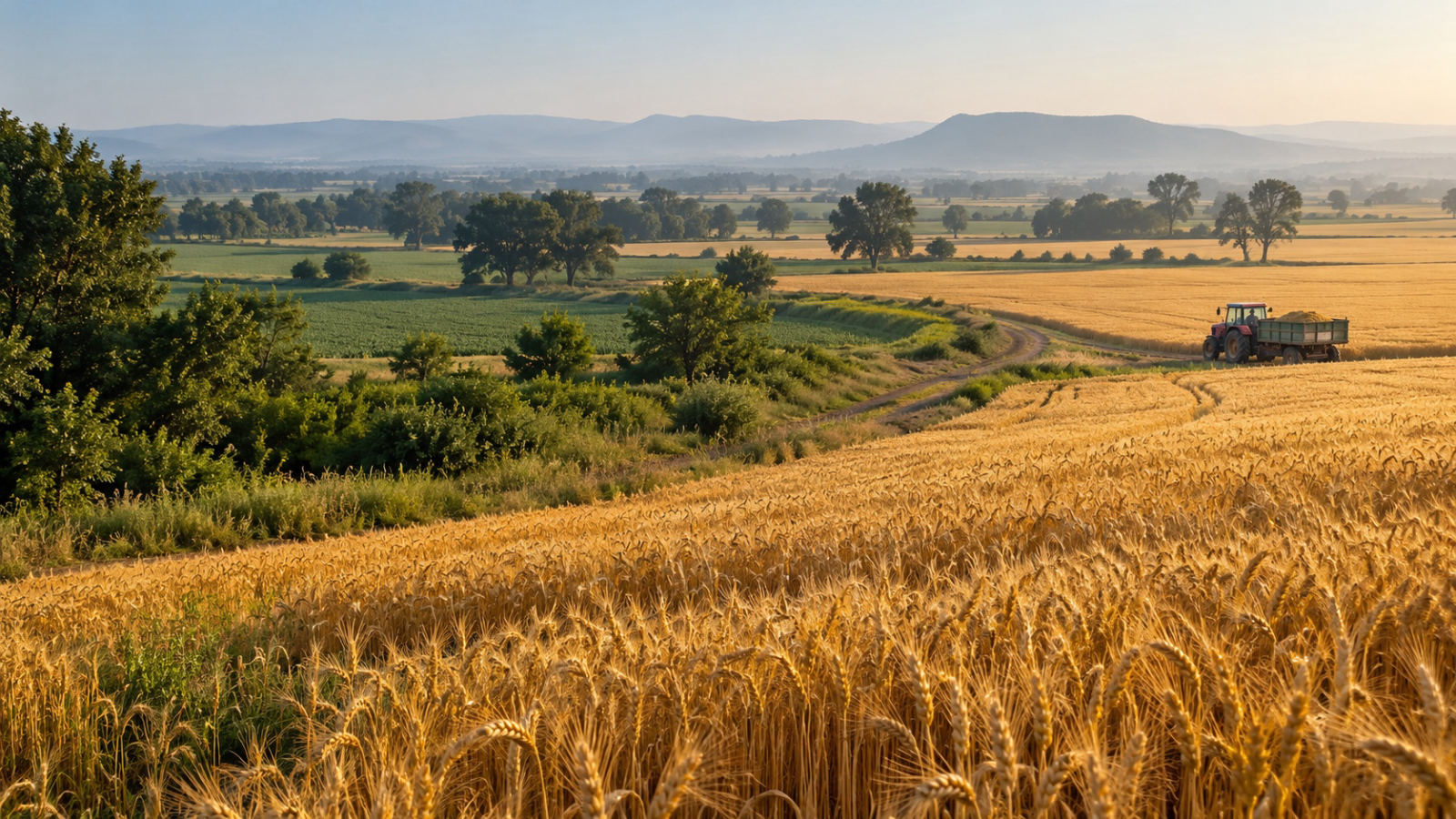 Golden wheat fields, green field boundaries and a tractor along a rural farm track