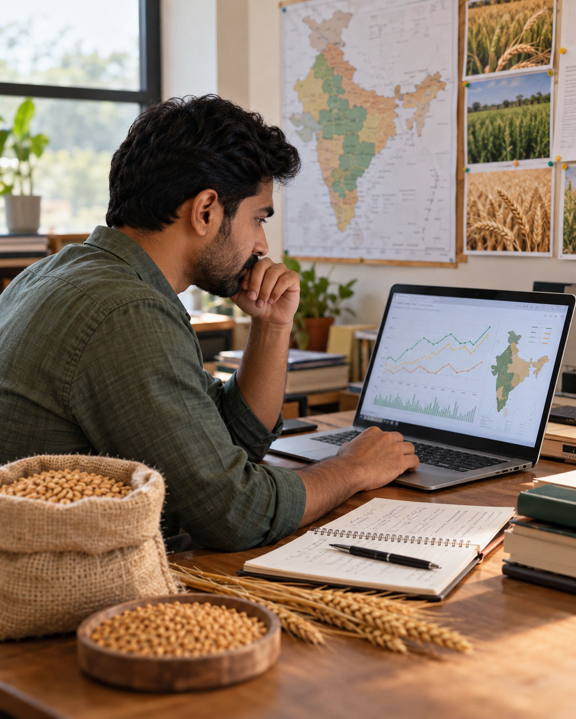 Illustrative scene of a procurement analyst reviewing crop market charts