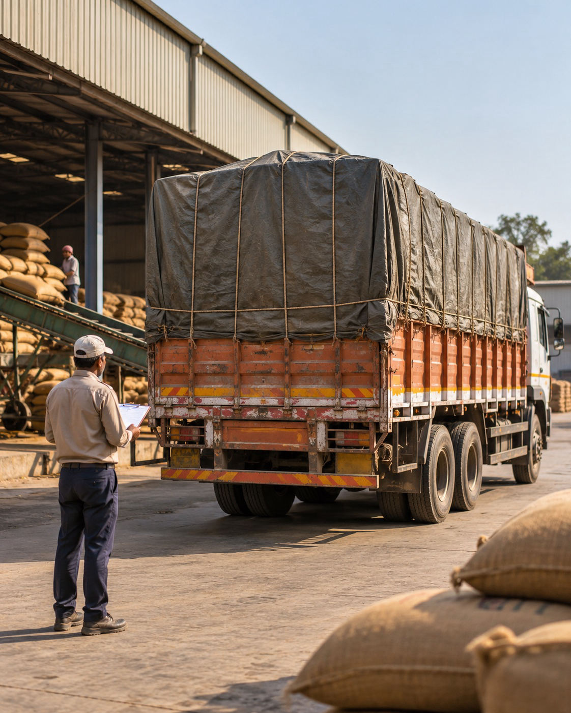 Illustrative scene of a covered freight truck being checked before dispatch