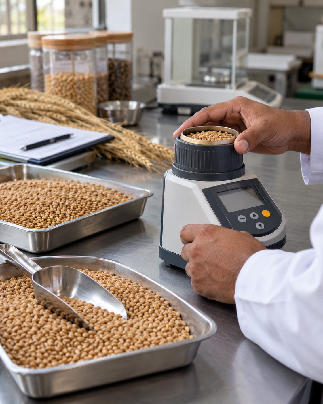 Illustrative scene of a technician testing grain moisture beside wheat samples