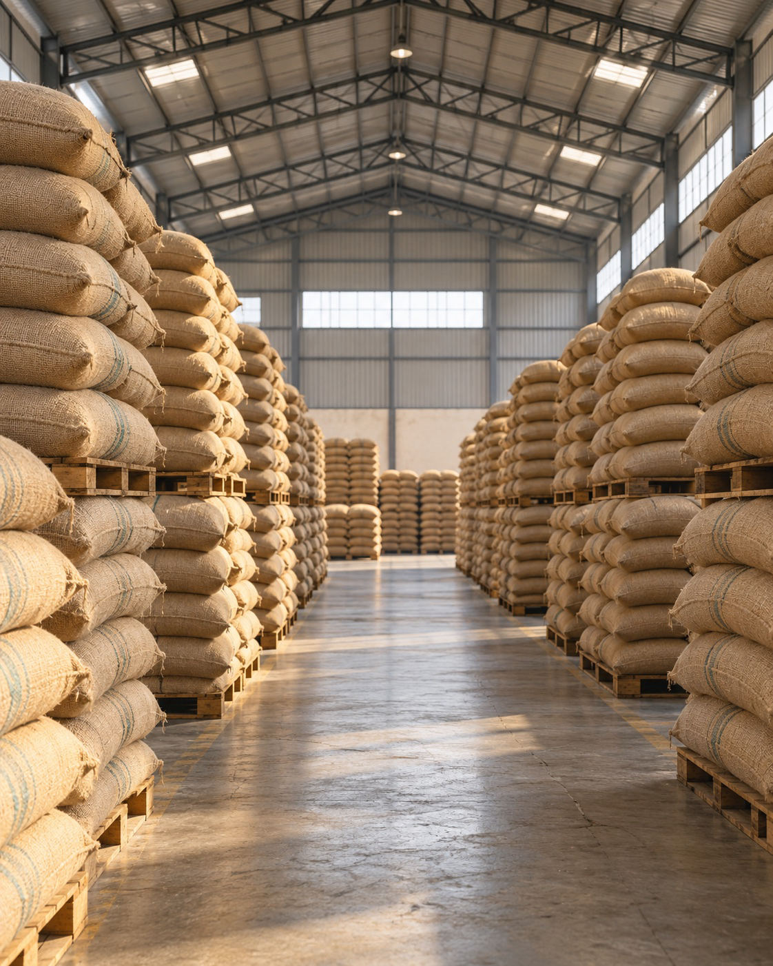 Illustrative grain warehouse with orderly sacks and a clear storage aisle